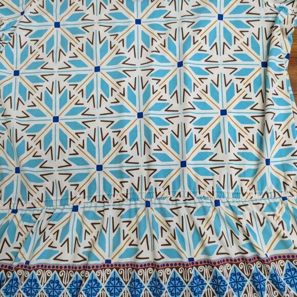 Nicole Miller Blue Boho Aztec Beaded Embellished Neck Floral Dress Large Ruffled - Picture 14 of 15